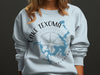 Light blue sweatshirt with Lake Texoma Oklahoma map and compass design