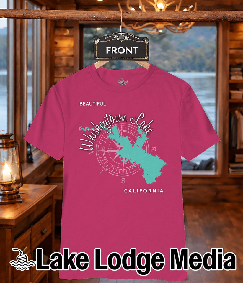 Raspberry pink t-shirt with a compass rose map of Whiskeytown Lake, California.