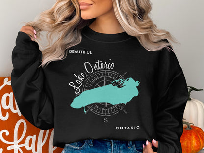 Black crewneck sweatshirt with a turquoise outline map of Lake Ontario.