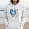 White hoodie with Big Sandy Lake Minnesota map and compass graphic.
