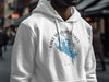 White hoodie with Lake Winnipesaukee and compass graphic, New Hampshire.