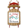 Sled ornament with red runners, "Merry Christmas From Lake Minnewanka" text, and snowflakes.