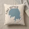 Cream pillow with blue Lake Hefner map and "Lake Hefner Oklahoma" text.