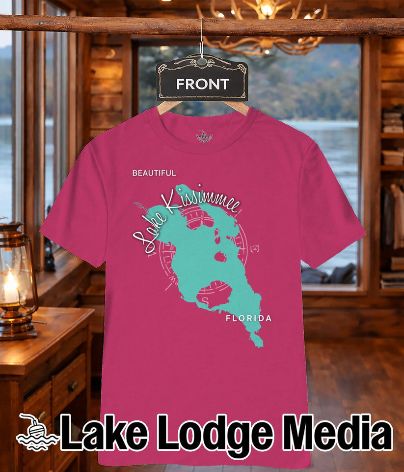 Fuchsia t-shirt with a teal map outline of Florida and "Lake Kissimmee" text.