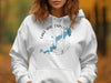 White hoodie with Lake Wallenpaupack, Pennsylvania map and compass design.
