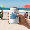 White koozie with "Lake Pontchartrain Louisiana" text and blue map outline on a beach.
