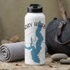 White water bottle with blue map design and "Ray Hubb" text.