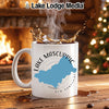 White mug with Lake Mascuppic, New Hampshire map design and steam.
