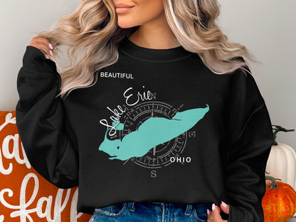 Black sweatshirt with Lake Erie map and compass graphic.