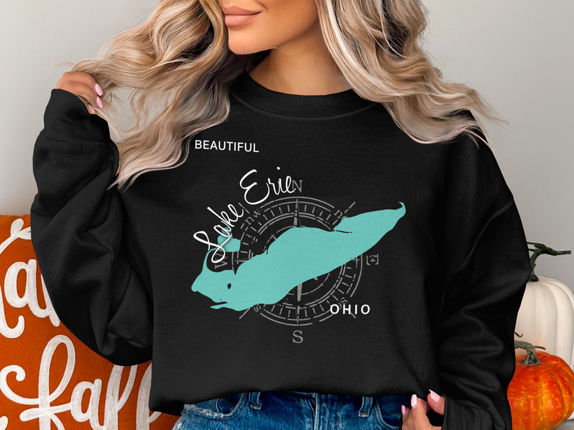 Black sweatshirt with Lake Erie map and compass graphic.