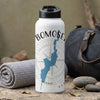 White water bottle with blue map design, compass, and text "BOMOSEEN".
