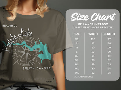 T-shirt with "Beautiful Patoka Lake South Dakota" compass graphic and size chart.