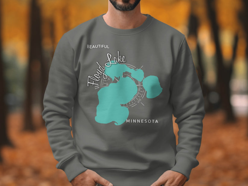 Gray sweatshirt with "Beautiful Floyd Lake Minnesota" map graphic.