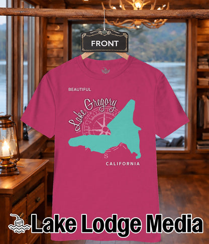 Pink t-shirt with Lake Gregory California map and compass graphic.