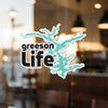 Greeson Life sticker on a window with a turquoise lake outline and copyright.
