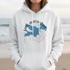White hoodie with a blue map of Lake Arrowhead, California and compass design.