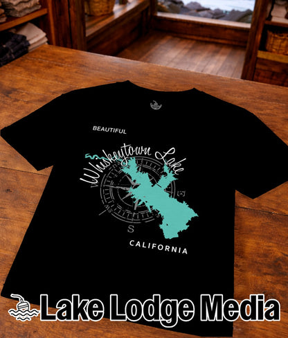 Black t-shirt with a compass rose and "Whiskeytown Lake, California" map graphic.