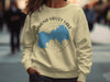 Cream sweatshirt with blue Diamond Valley Lake map and compass graphics and text.