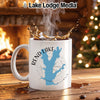 White mug with Rend Lake Illinois map and compass design.