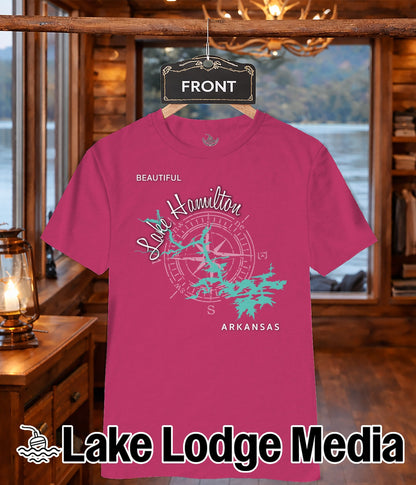 Pink t-shirt with a compass rose map of Lake Hamilton, Arkansas.