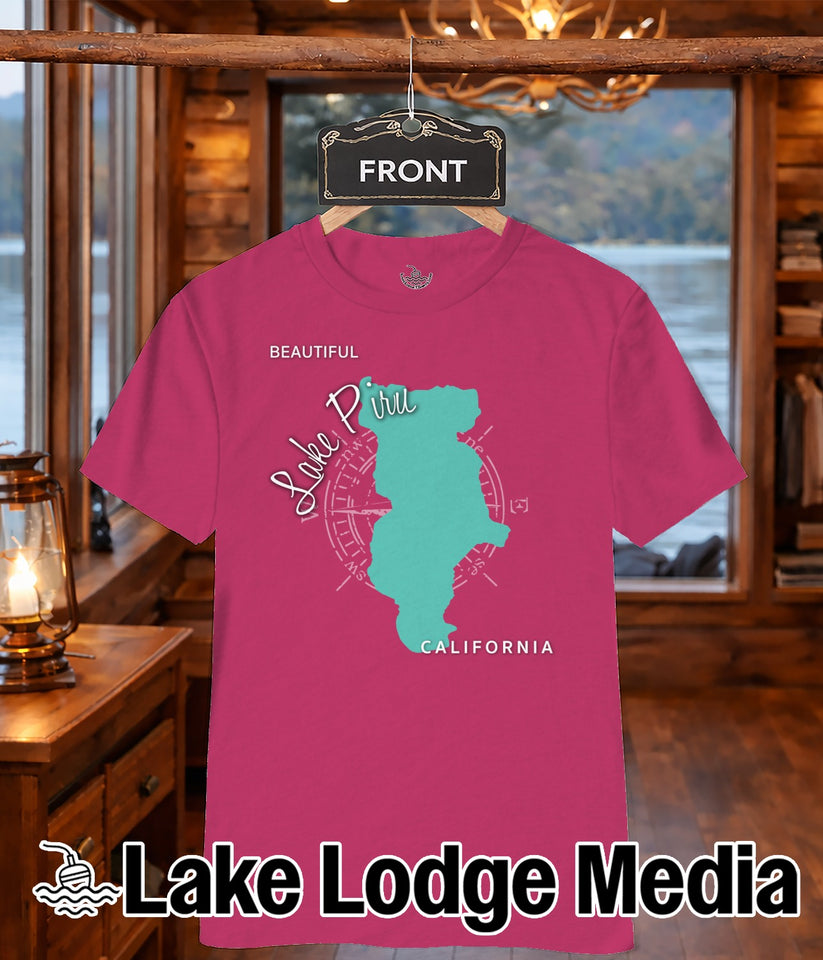 Pink t-shirt with teal "Lake Piru California" graphic and "Lake Lodge Media" text.