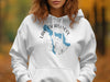 White hoodie with blue Lake Charlevoix map and compass graphic.