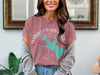 Whiskeytown Lake map design on a rose colored t-shirt, California text detail.