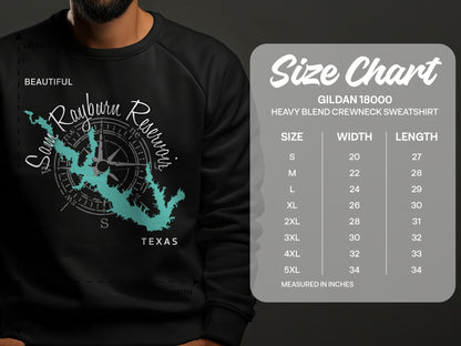 Sam Rayburn Reservoir map graphic on black Gildan sweatshirt, with size chart.