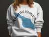 White crewneck sweatshirt with blue Catalina Island map and compass design.