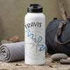 White water bottle with black lid, personalized with "TRAVIS" and a lake map.