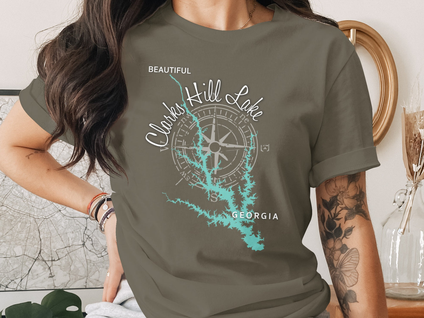 T-shirt featuring a map of Clarks Hill Lake, Georgia, with a compass rose.