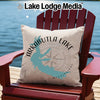 Throw pillow with Arkabutla Lake map and compass graphic on red chair.