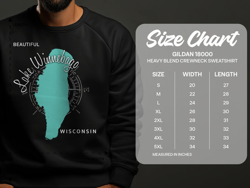 Lake Winnebago sweatshirt and size chart for Gildan 18000 crewneck.