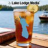 Iced tea with lemon and a blue lake map design on a glass.