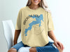 Yellow t-shirt with a blue map of Arcadia Lake, Oklahoma, and compass graphic.