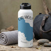 White water bottle with blue map design and "Calhoun" text, next to a gym bag.