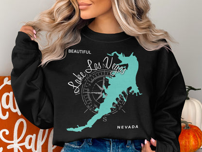 Black sweatshirt with turquoise Lake Las Vegas map and compass rose graphic.