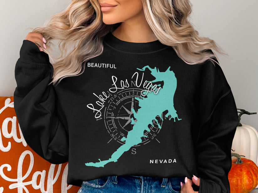 Black sweatshirt with turquoise Lake Las Vegas map and compass rose graphic.