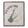 Woven throw with Folsom Lake map and compass design, California text.