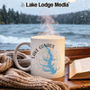 White mug with Lake Conroe, Texas map and compass graphic, steam rising.