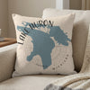 Pillow with blue Lake Huron map graphic and text.