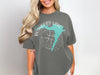 Gray t-shirt with Rushford Lake New York map graphic and compass design.