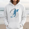 White hoodie with Snow Lake Washington map and compass graphic.