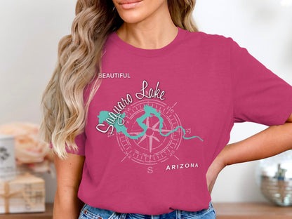 Saguarro Lake Arizona compass rose graphic on a pink t-shirt.