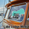 Diamond Valley Life sticker on a boat window with Lake Lodge Media logo.