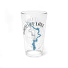 Clear glass pint glass with blue Bartlett Lake map and compass graphic.