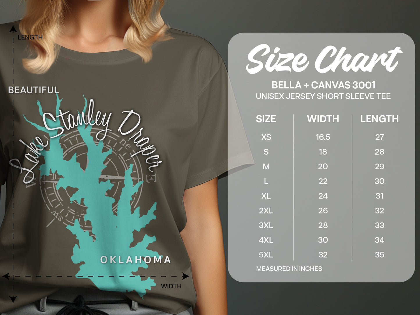 Lake Stanley Draper Oklahoma graphic on a t-shirt with size chart.