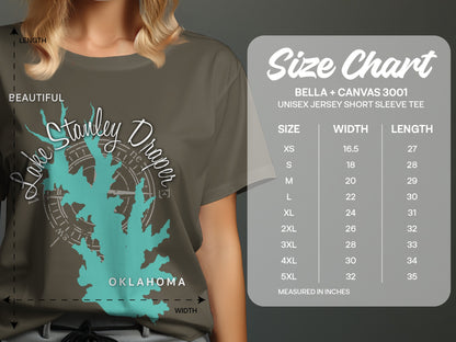 Lake Stanley Draper Oklahoma graphic on a t-shirt with size chart.