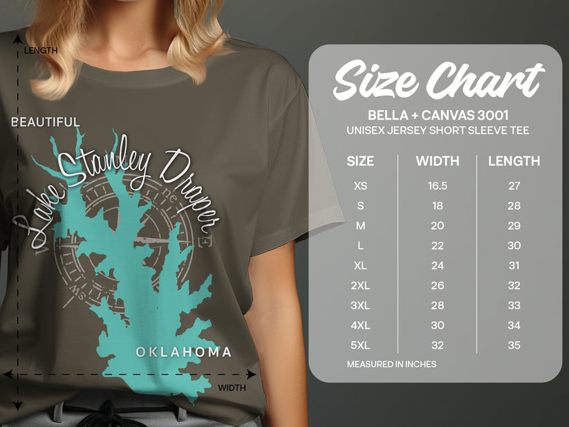 Lake Stanley Draper Oklahoma graphic on a t-shirt with size chart.