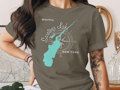 Saratoga Lake New York map graphic with compass on a t-shirt.